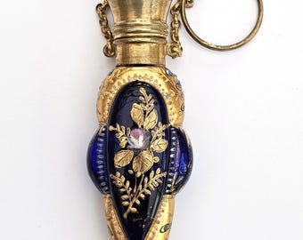 Rare Victorian Blue Glass & Gilt Enamel Perfume Flask / Chatelaine Bottle c.1880