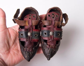 Vintage Bulgarian or Macedonian folk baby shoes, handmade leather