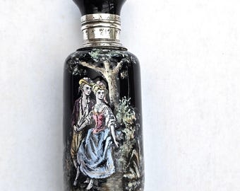 1890s hand painted lovers enamel French perfume bottle