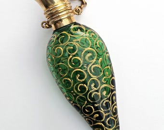 Antique Jewel-Like Green Glass Perfume Pendant / Chatelaine Scent Bottle