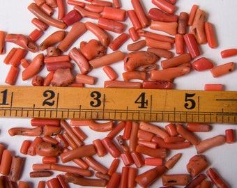 Loose red branch Moroccan Mediterranean coral cylinder beads, holes lengthways