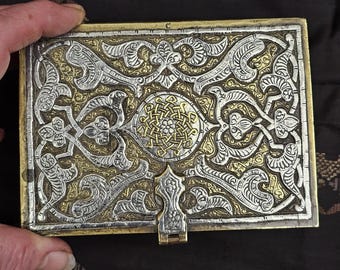 Silver gold over brass Mameluk box with marquetry interior