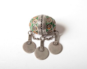 Large antique egg or tagmoute bead with old coin dangles, Southern Morocco