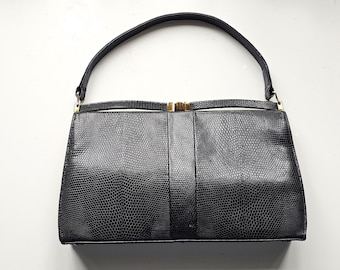 Mappin and Webb black snakeskin vintage handbag in  mint condition 1950s