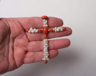 Fine Georgian Italian carved white and red coral bead cross on gold capped pins c 1800