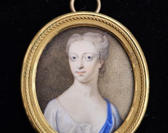 Feine georgianische Porträtminiatur einer Aristokratin – Im Stil von Sir Godfrey Kneller – Gemalt auf Kupfer um 1710–1730