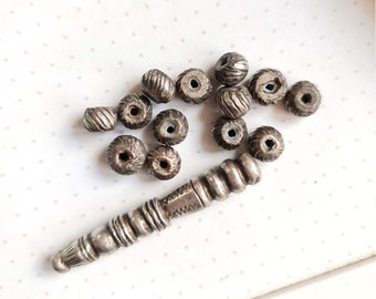 Vintage Moroccan solid silver carved beads 20 bead strand, one with long prayer bead