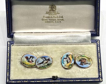 Pair of vintage English 15k gold and hand painted water fowl enamel cufflinks