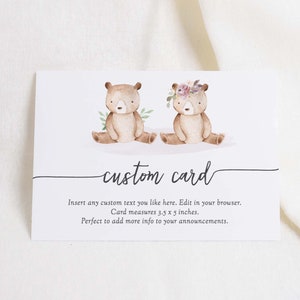 Tweeling baby shower uitnodigingskaart invoegen met BEWERKBARE aangepaste tekst, Twins Bear baby shower kaart invoegen, jongen baby shower beer, 132