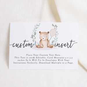 Schattige beer baby shower uitnodigingskaart invoegen met BEWERKBARE aangepaste tekst, aanpasbare baby shower kaart invoegen, baby shower beer, 156