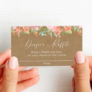 Floral Diaper Raffle Card Insert Girl, Diaper Card Insert, Diaper Raffle Ticket, Diaper Shower, Bring Diapers, PDF Instant Download, Rosa