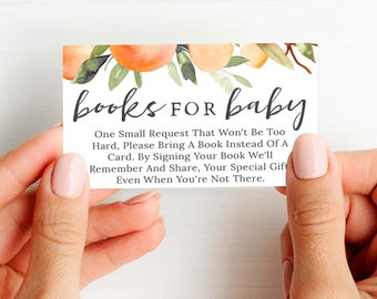 Richiesta di libro Baby Shower Insert, Richiesta di libro Carta Inserisci Arance, Stampabile Si prega di portare un libro invece di una carta, Libri per bambino PDF 145