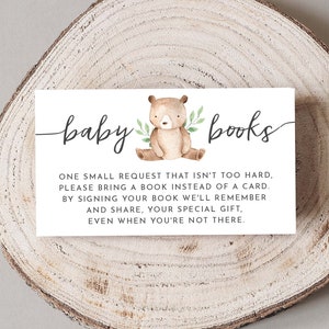 Boekaanvraag babyshower, babyboekaanvraagkaart, invoegen, afdrukbaar Breng een boek mee in plaats van een kaart, bos, boeken voor baby PDF, beer