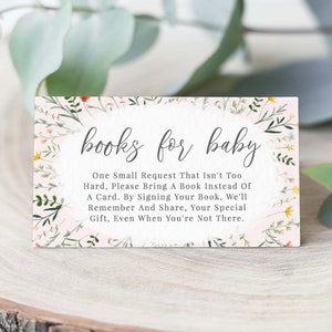Roze bloemenboekverzoek babyshower, babyboekverzoek kaartinvoeging, afdrukbaar Breng een boek mee in plaats van een kaart, boeken voor baby PDF, 56