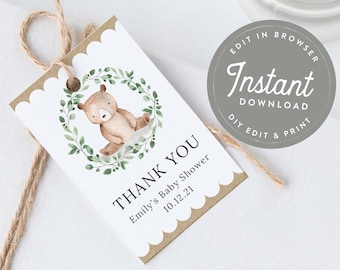 Woodland Thank You Tag Template, Baby Shower Favor Tags Woodland, Baby Shower Favor Tags, Editable Tags, Gift Tags, Thank You Tag, Bear