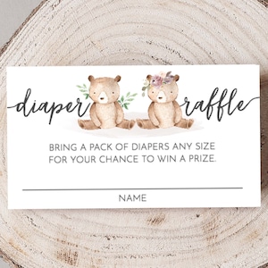 Twin Baby Shower Diaper Raffle Card Insert Bear, Teddy Bear Diaper Card Insert, Twin Boy and Girl, Bring Diapers, Instant Download, 132