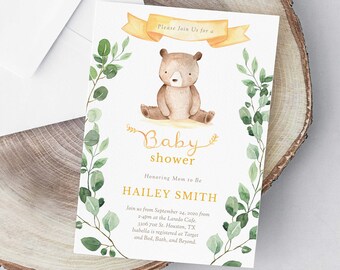 Teddybeer baby shower uitnodiging Jongen baby shower nodigt Jongen Bear baby shower uitnodigingen Teddybeer, bos, Instant Download, sjabloon