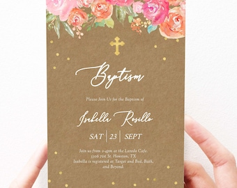 Baptism Invitation Girl, Baptism Invite Girl, Christening Invitation, Floral Baptism Girl Invitation, Floral,Editable Instant Download, Rosa