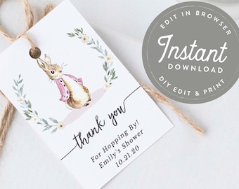 Pink Rabbit Baby Shower Girl Thank You Favor Tags, Editable Baby Shower Favor Tags, Editable Gift Tags, 146