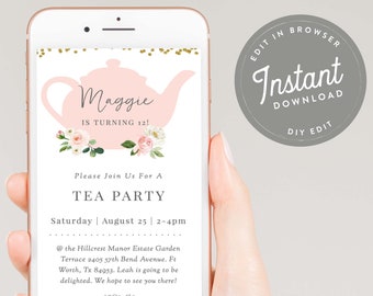 Tea Party Birthday Invitation E Vite, Tea Party Birthday Text Invitation, Tea Party Birthday E Invite, E Invitation, EDITABLE, 110