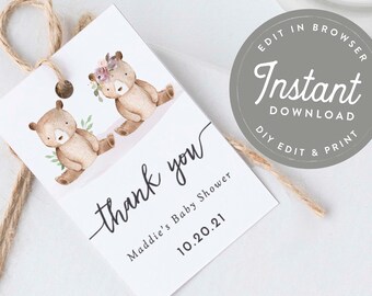 May include: A white thank you tag with a brown bear and a brown bear wearing a flower crown. The tag says "thank you" in cursive and "Maddie's Baby Shower 10.20.21".