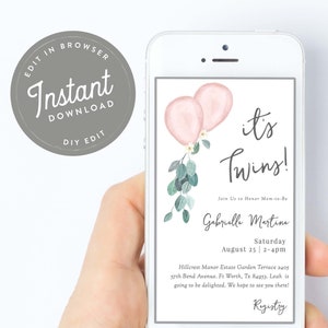 Twin Girls Baby Shower E Invitar Baby Shower E Invitación Pink Twin Girl Baby Twins E Vite, Invitación de texto, Digital, Descarga instantánea, 85