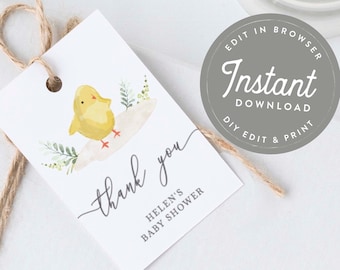 Baby Chick Baby Shower Thank You Tag Template, Chick Baby Shower Bear Favor Tags, Editable Baby Shower Favor Tags, Editable Gift Tags