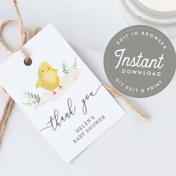 Baby Chick Baby Shower Thank You Tag Template, Chick Baby Shower Bear Favor Tags, Editable Baby Shower Favor Tags, Editable Gift Tags