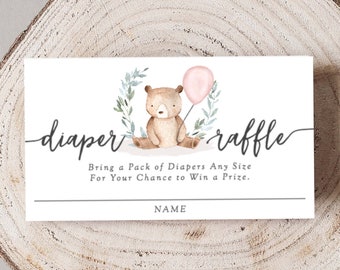 Bear Baby Shower Bring Diapers Card Printable Diaper Raffle Card Cute Bear, Teddy Bear Baby Shower Girl, Diaper Raffle Ticket PDF, 116