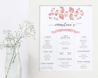 Strawberry Birthday Milestone Sign, Editable First Birthday Milestone Board Sign, Printable, Strawberry Birthday, Instant Download, 120