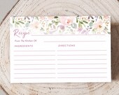Recipe Card Download, Printable Recipe Card PDF, Printable Recipe Card, Instant Download, Purple Floral Bridal Shower Recipe Card, 122