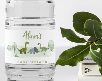 May include: A clear plastic water bottle with a white label that says "Alyssa's Baby Shower" and features a watercolor illustration of green dinosaurs.