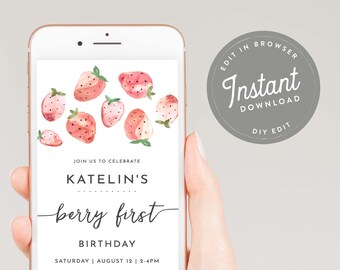 Strawberry Birthday Invitation, Strawberry Birthday Evite, Berry First Birthday E Invite, Text Invitation, Text Invite, E Invitation, 120