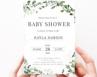 Invito per baby shower verde, invito per addio al nubilato Invito neutro rispetto al genere, stampabile, modello di download istantaneo, verdi