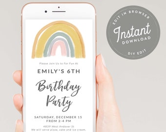 Rainbow Birthday Party Invitation Download, Rainbow Birthday Text Invitation, Rainbow E Invitation, E Invitation, E Invite, Evite, 29