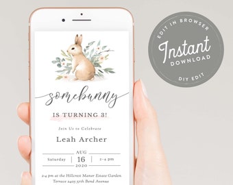 Bunny Birthday Invitation, Somebunny Is Turning One E Invite, Text Invitation, Girl 1st First Birthday Text Invite, E Invitation, Evite, 91