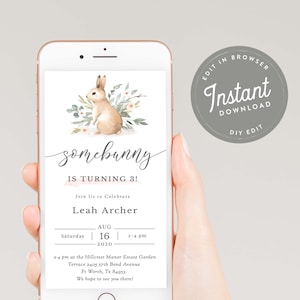 Bunny Birthday Invitation, Somebunny Is Turning One E Invite, Text Invitation, Girl 1st First Birthday Text Invite, E Invitation, Evite, 91