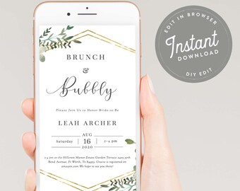 Brunch and Bubbly Bridal Shower E Invitation Greenery Bridal Shower E Invite, Gold Geometric Evite, Text Invite, Instant Download, Greens