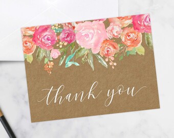 Floral Baby Shower Thank You Card Girl Printable, Baby Shower Girl Thank You, Baby Shower Thank You Cards Floral, Instant Download, Rosa