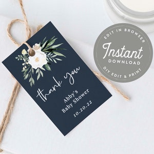 Navy Blue Baby Shower Thank You Tag Template, Navy Blue Baby Shower Favor Tags, Editable Tags, Gift Tags, 87
