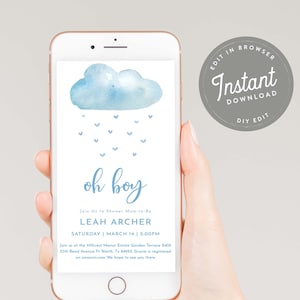 Cute Cloud Boy Baby Shower E Invite Boy Baby Shower Text Invitation Blue RainCloud E Invitation, Oh Boy  E Vite, Instant Download, 95