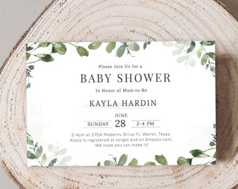 May include: A baby shower invitation featuring a watercolour design of green leaves and white flowers. The invitation is for Kayla Hardin and is scheduled for Sunday, 28th June from 2-4 PM at 2704 Maberry Drive, Fort Worth, Texas.