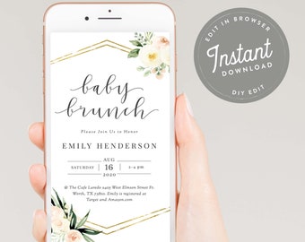 Blush Floral Baby Brunch E Invitation Baby Brunch Text Invitation, Gold Geometric Confetti E Invite, E Vite, Instant Download, 88