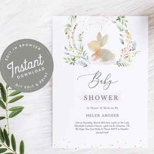 Bunny Baby Shower Invitation, Gender Neutral Baby Shower Invites, Bunny Shower Invites, Bunny, Editable, Instant Download, Printable, 36