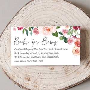 Baby shower boek aanvraag kaart Bourgondische bloemen, afdrukbare babyboek aanvraag kaart invoegen, breng een boek mee Download boeken voor baby PDF, 99