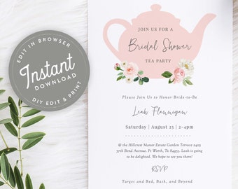 Tea Party Bridal Shower Invitation Download, Editable Tea Party Wedding Shower Invite Template, 113