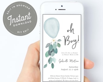 Oh Boy Baby Shower E Invite Baby Shower E Invitation Blue Balloon Baby Boy E Vite, Text Invitation, Digital, Instant Download, 85