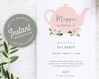 Cute Tea Party Birthday Invitation Download, Editable Birthday Tea Party Invitation Template, Birthday Tea Invite, 113