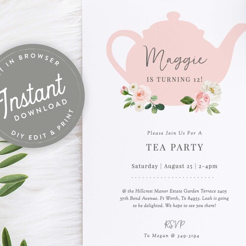 EDITABLE Tea Party Invitation Tea Party Birthday Invitations Etsy