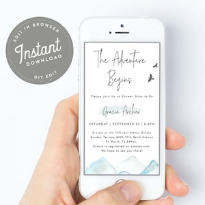 L&#39;aventure commence Baby Shower E Vite, Montagnes Baby Shower E Invitation Garçon Baby Shower E Invite, Invitation numérique Téléchargement instantané, 76